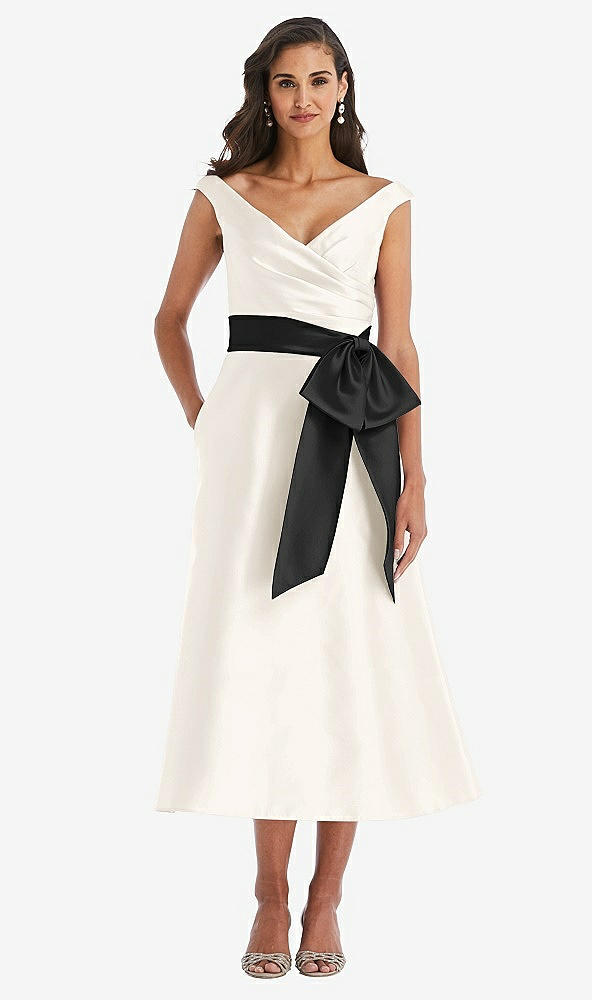 Front View - Ivory & Black Off-the-Shoulder Bow-Waist Midi Dress with Pockets