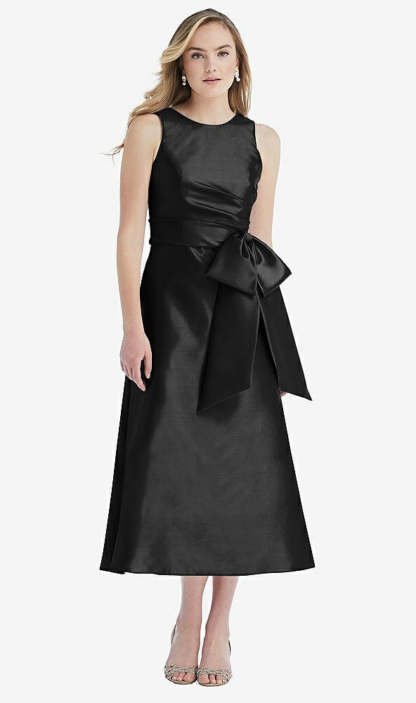 Front View - Black & Black High-Neck Bow-Waist Midi Dress with Pockets