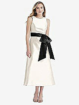 Front View Thumbnail - Ivory & Black High-Neck Bow-Waist Midi Dress with Pockets