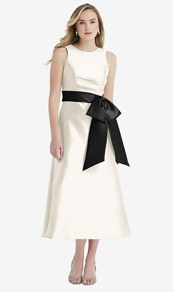 Front View - Ivory & Black High-Neck Bow-Waist Midi Dress with Pockets