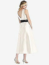 Rear View Thumbnail - Ivory & Black High-Neck Bow-Waist Midi Dress with Pockets