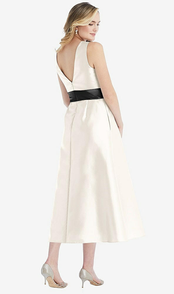 Back View - Ivory & Black High-Neck Bow-Waist Midi Dress with Pockets