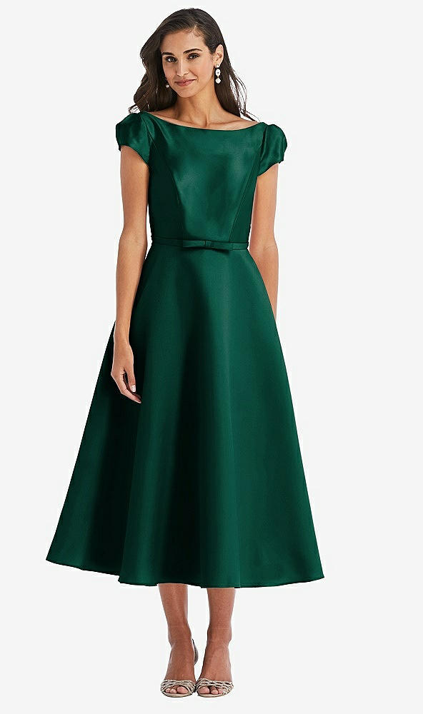 Front View - Hunter Green Puff Sleeve Bow-Waist Full Skirt Satin Midi Dress