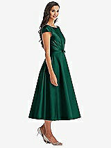 Side View Thumbnail - Hunter Green Puff Sleeve Bow-Waist Full Skirt Satin Midi Dress
