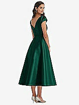 Rear View Thumbnail - Hunter Green Puff Sleeve Bow-Waist Full Skirt Satin Midi Dress