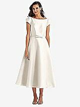 Front View Thumbnail - Ivory Puff Sleeve Bow-Waist Full Skirt Satin Midi Dress