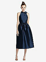 Front View Thumbnail - Midnight Navy Bowed High-Neck Full Skirt Midi Dress with Pockets