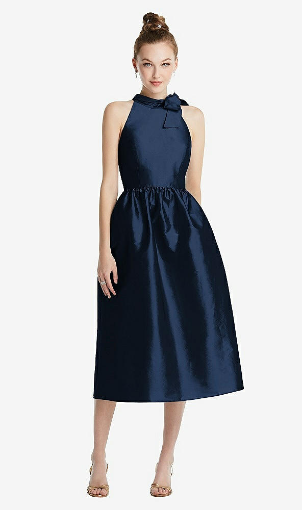 Front View - Midnight Navy Bowed High-Neck Full Skirt Midi Dress with Pockets