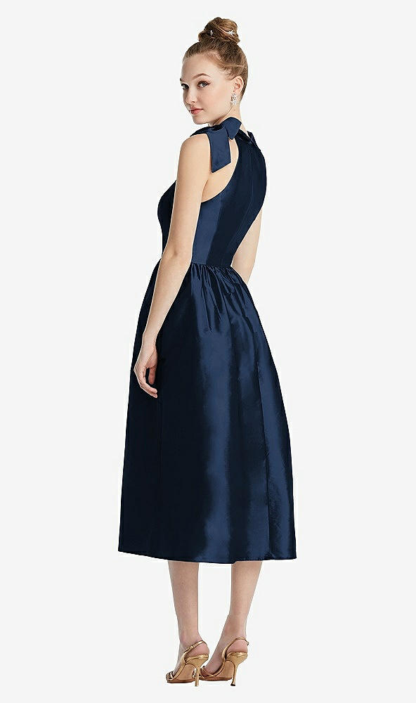 Back View - Midnight Navy Bowed High-Neck Full Skirt Midi Dress with Pockets