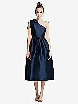 Front View Thumbnail - Midnight Navy Bowed One-Shoulder Full Skirt Midi Dress with Pockets