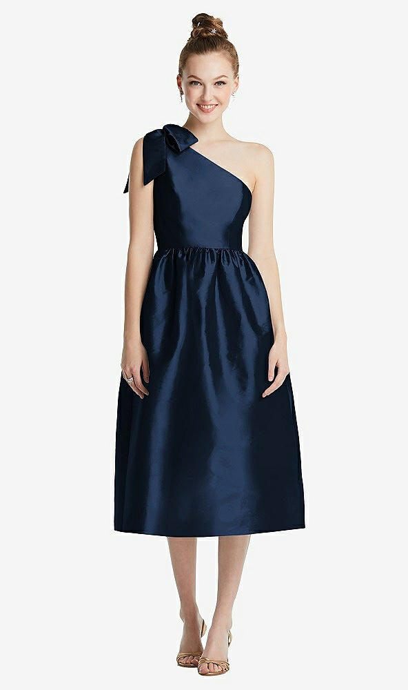 Front View - Midnight Navy Bowed One-Shoulder Full Skirt Midi Dress with Pockets