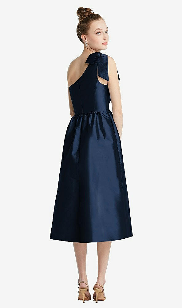 Back View - Midnight Navy Bowed One-Shoulder Full Skirt Midi Dress with Pockets