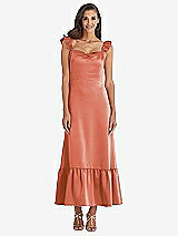 Front View Thumbnail - Terracotta Copper Ruffled Convertible Sleeve Midi Dress