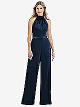 Front View Thumbnail - Midnight Navy & Midnight Navy High-Neck Open-Back Jumpsuit with Scarf Tie