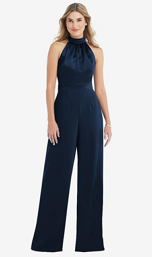 Front View - Midnight Navy & Midnight Navy High-Neck Open-Back Jumpsuit with Scarf Tie