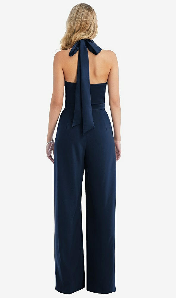 Back View - Midnight Navy & Midnight Navy High-Neck Open-Back Jumpsuit with Scarf Tie