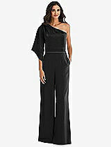 Front View Thumbnail - Black & Black One-Shoulder Bell Sleeve Jumpsuit with Pockets