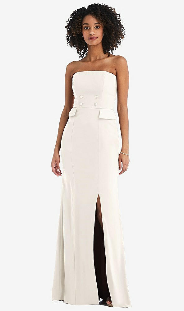 Front View - Ivory Strapless Tuxedo Maxi Dress with Front Slit