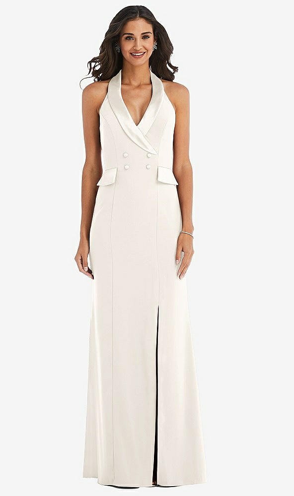 Front View - Ivory Halter Tuxedo Maxi Dress with Front Slit