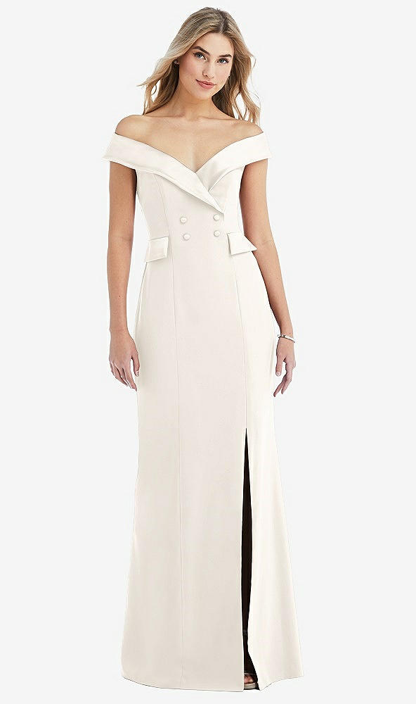 Front View - Ivory Off-the-Shoulder Tuxedo Maxi Dress with Front Slit