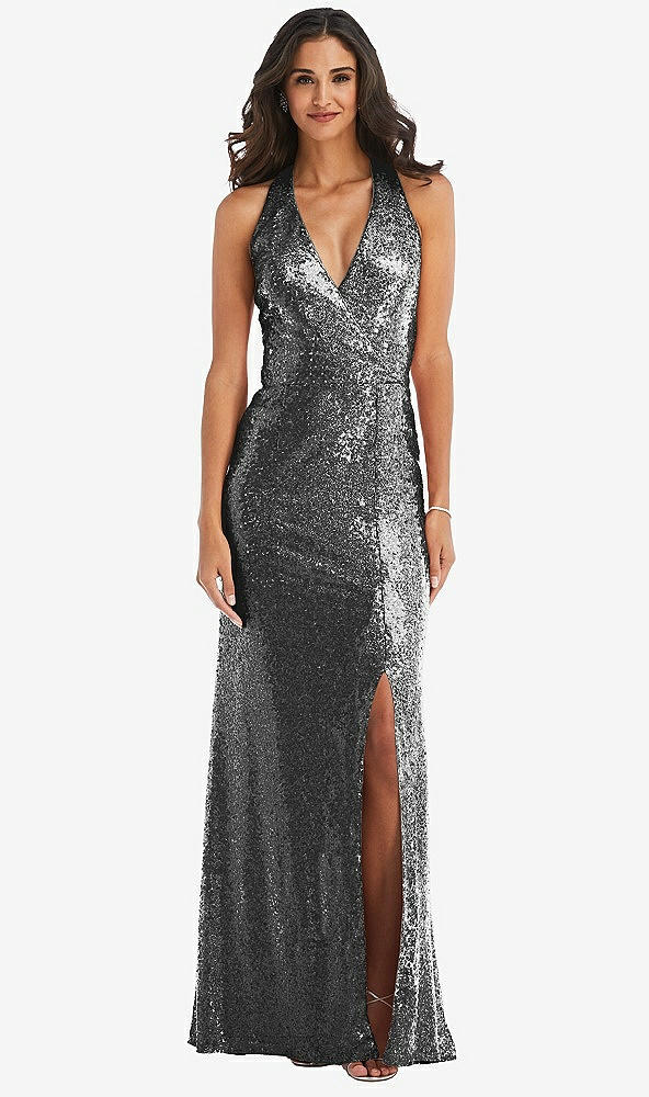 Front View - Stardust Halter Wrap Sequin Trumpet Gown with Front Slit