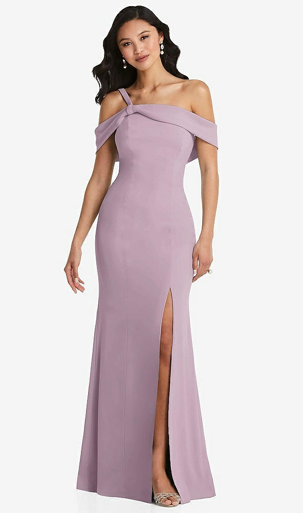 Front View - Suede Rose One-Shoulder Draped Cuff Maxi Dress with Front Slit