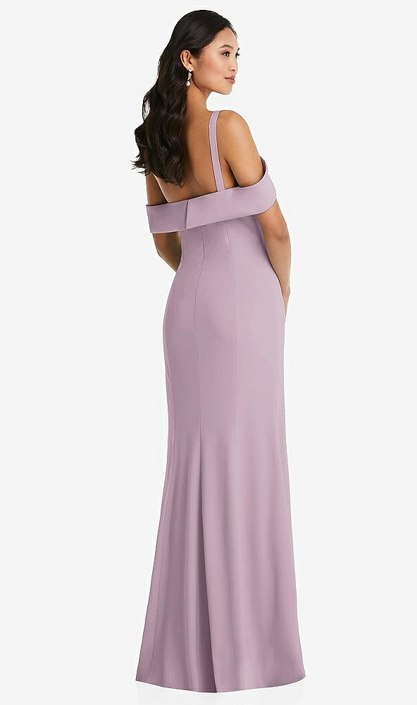 Back View - Suede Rose One-Shoulder Draped Cuff Maxi Dress with Front Slit