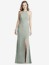 Front View Thumbnail - Willow Green High-Neck Halter Dress with Twist Criss Cross Back 