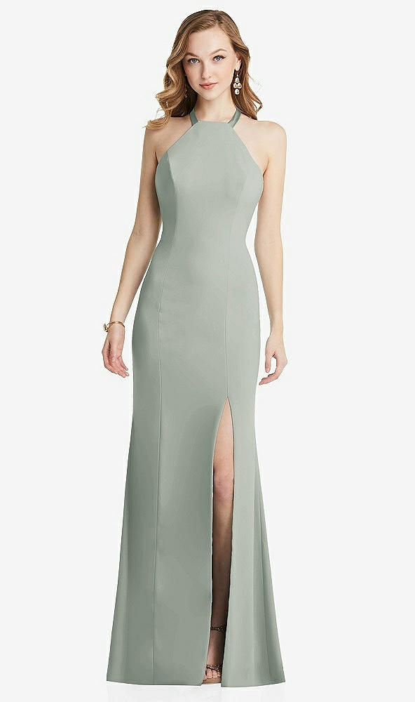 Front View - Willow Green High-Neck Halter Dress with Twist Criss Cross Back 