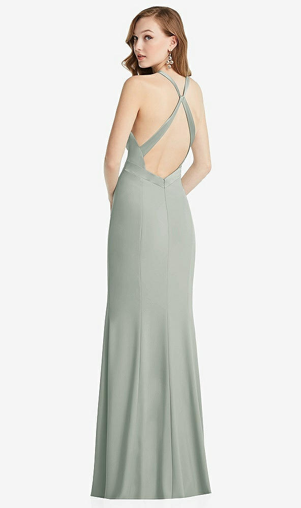 Back View - Willow Green High-Neck Halter Dress with Twist Criss Cross Back 