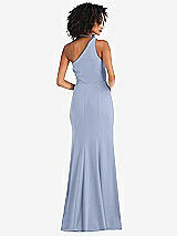 Rear View Thumbnail - Sky Blue One-Shoulder Draped Cowl-Neck Maxi Dress