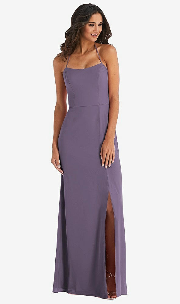 Front View - Lavender Spaghetti Strap Tie Halter Backless Trumpet Gown