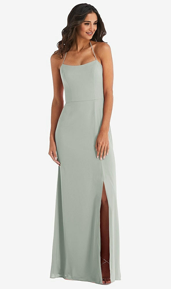 Front View - Willow Green Spaghetti Strap Tie Halter Backless Trumpet Gown