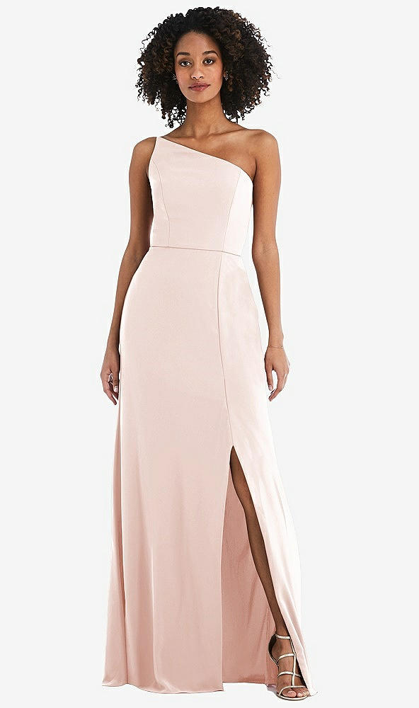 Front View - Blush Skinny One-Shoulder Trumpet Gown with Front Slit