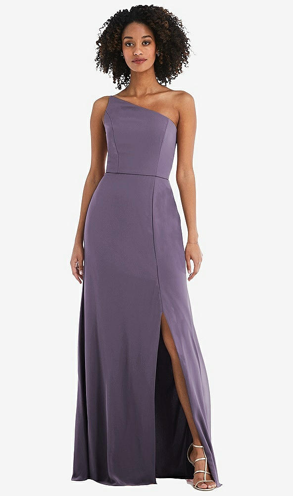Front View - Lavender Skinny One-Shoulder Trumpet Gown with Front Slit