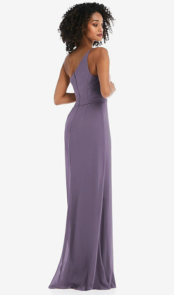 Back View - Lavender Skinny One-Shoulder Trumpet Gown with Front Slit