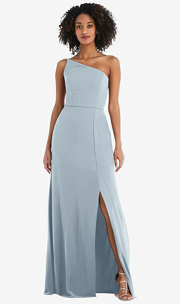 Front View - Mist Skinny One-Shoulder Trumpet Gown with Front Slit