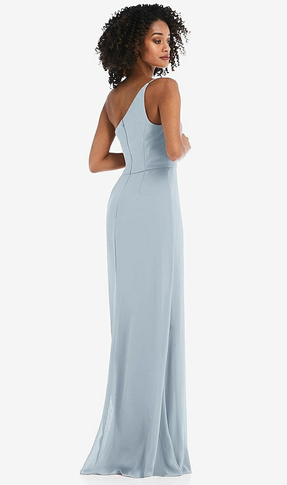 Back View - Mist Skinny One-Shoulder Trumpet Gown with Front Slit