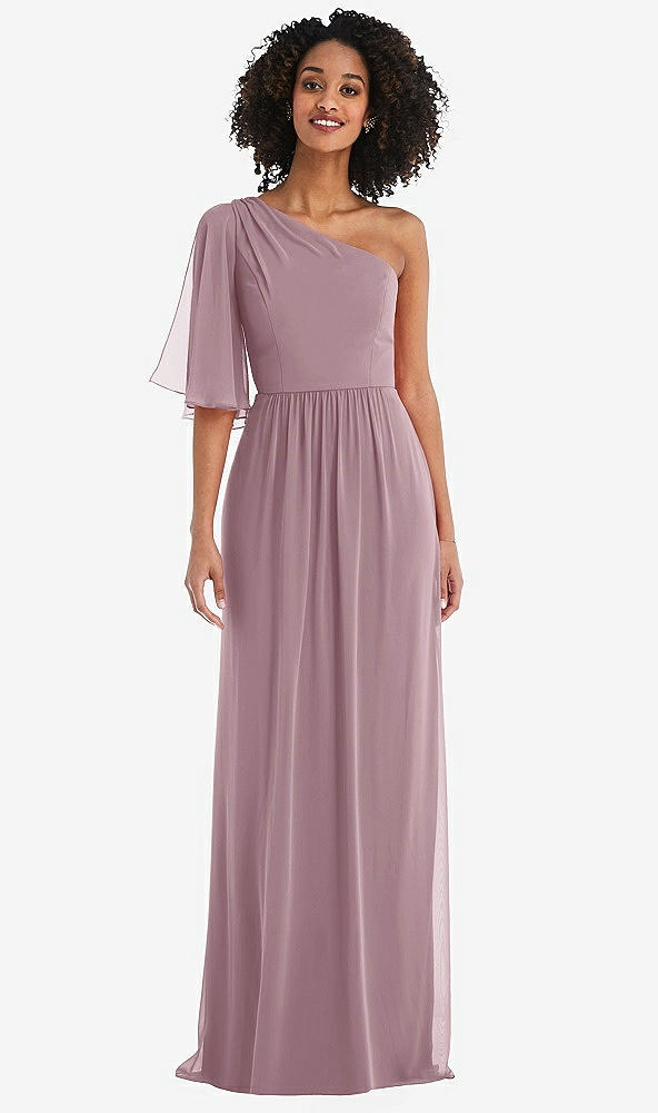 Front View - Dusty Rose One-Shoulder Bell Sleeve Chiffon Maxi Dress