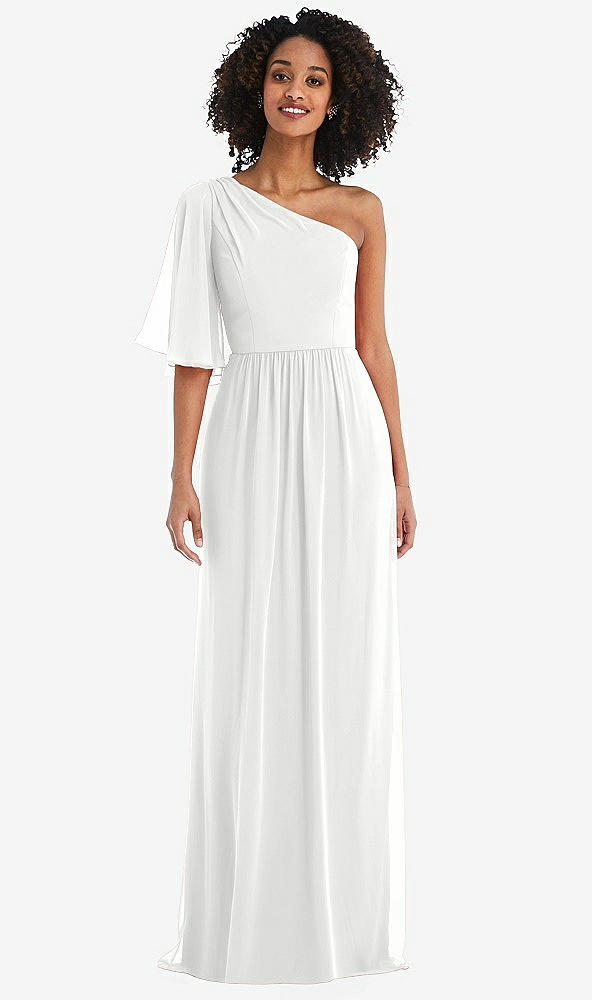 Front View - White One-Shoulder Bell Sleeve Chiffon Maxi Dress