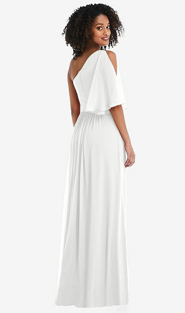 Back View - White One-Shoulder Bell Sleeve Chiffon Maxi Dress