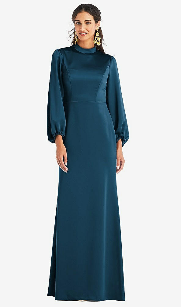 Front View - Atlantic Blue High Collar Puff Sleeve Trumpet Gown - Darby