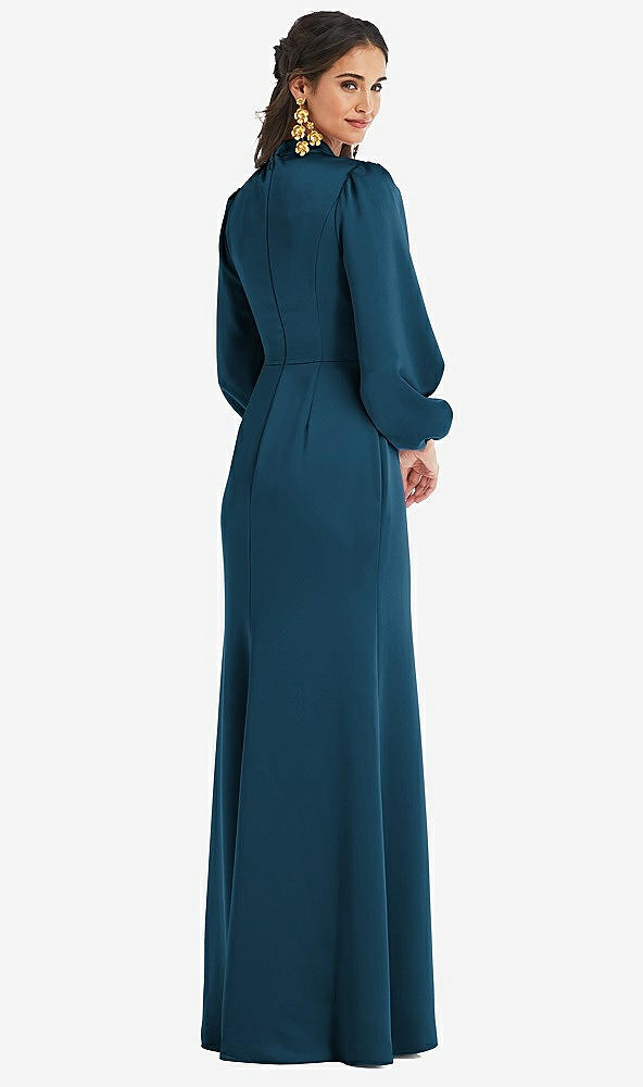 Back View - Atlantic Blue High Collar Puff Sleeve Trumpet Gown - Darby