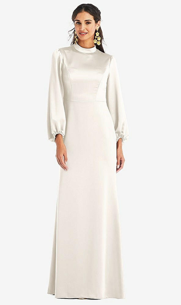 Front View - Ivory High Collar Puff Sleeve Trumpet Gown - Darby
