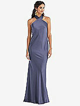Front View Thumbnail - French Blue Draped Twist Halter Tie-Back Trumpet Gown - Imogen