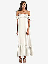 Front View Thumbnail - Ivory Ruffled Off-the-Shoulder Tiered Cuff Sleeve Midi Dress