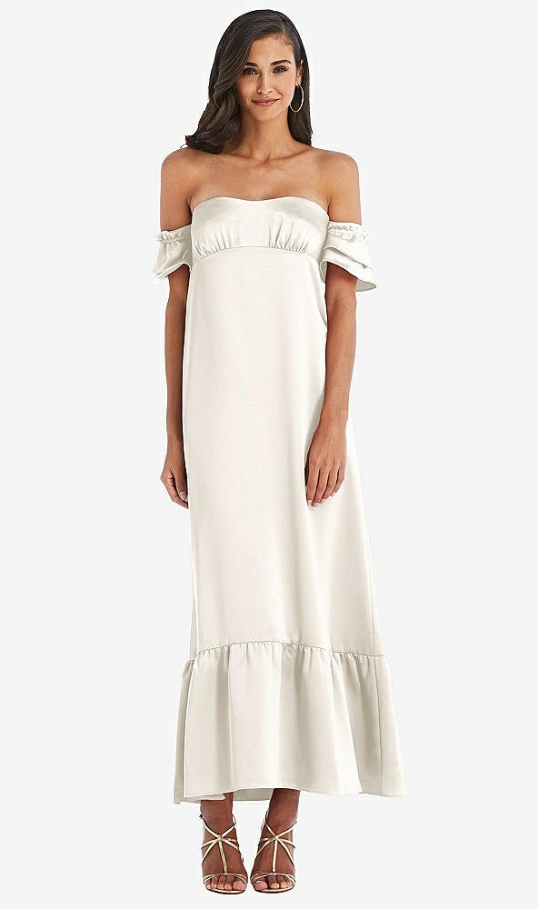 Front View - Ivory Ruffled Off-the-Shoulder Tiered Cuff Sleeve Midi Dress