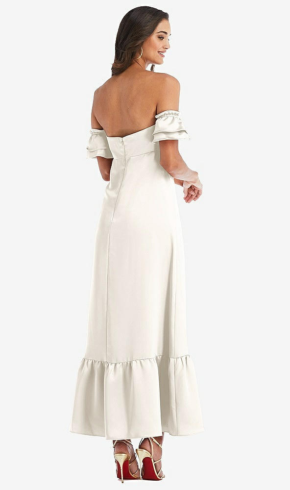 Back View - Ivory Ruffled Off-the-Shoulder Tiered Cuff Sleeve Midi Dress