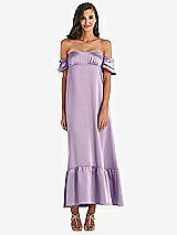 Front View Thumbnail - Pale Purple Ruffled Off-the-Shoulder Tiered Cuff Sleeve Midi Dress