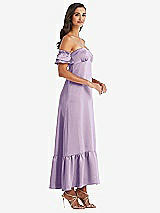 Side View Thumbnail - Pale Purple Ruffled Off-the-Shoulder Tiered Cuff Sleeve Midi Dress